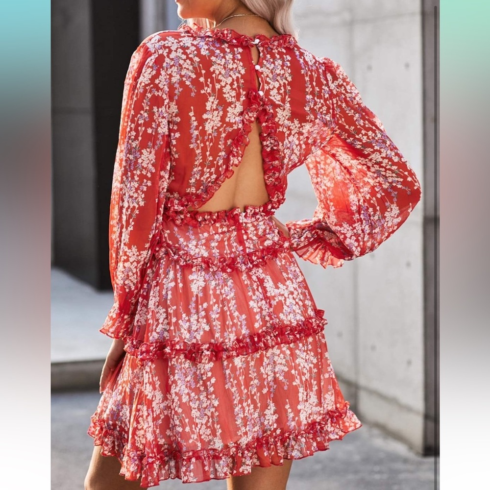 Floral Ruffle Red Dress - Picture 4 of 8